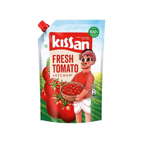 Kissan Fresh Tomato Ketchup bottle, the perfect meal companion, available at Groceville Baddi.